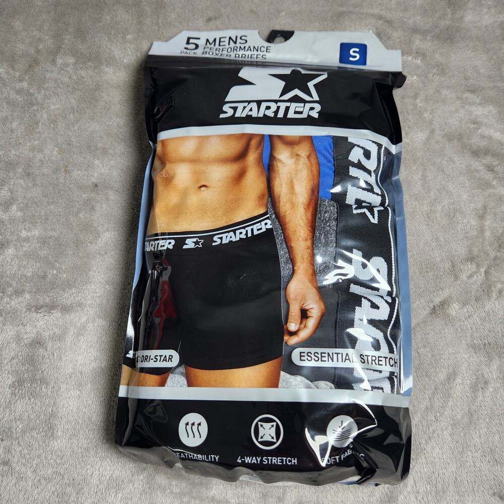 Starter Men's Performance Boxer Briefs Small 5 Pack Black, Olympic Blue, Carbon